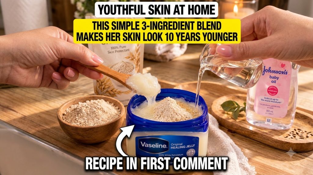 A close-up shot of a blue Vaseline container with colloidal oatmeal piled on top A hand pours Johnson s baby oil into th