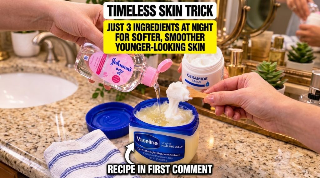 A close-up overhead view of a hand pouring Johnson s baby oil into a tub of Vaseline while another hand holds a wooden s