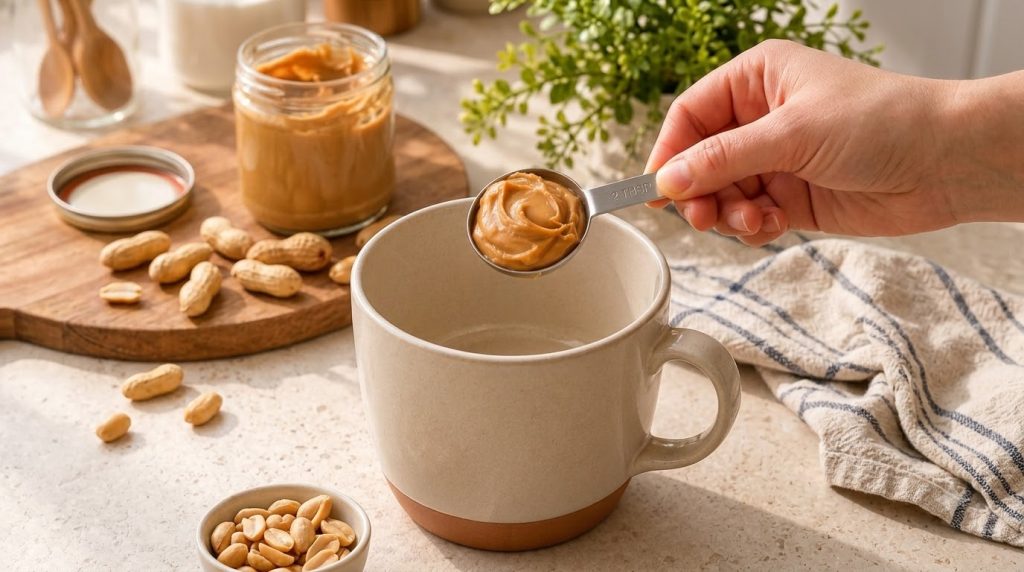A hand holding a measuring spoon filled with creamy peanut butter positioned above an empty beige ceramic bowl In the ba