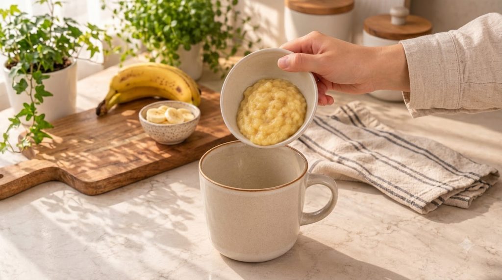 A hand holding a small bowl of mashed bananas over a larger empty mug with whole and sliced bananas a wooden cutting boa