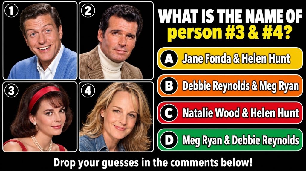 A multiple-choice quiz image showing a grid of four classic Hollywood celebrity headshots Below the images a question as