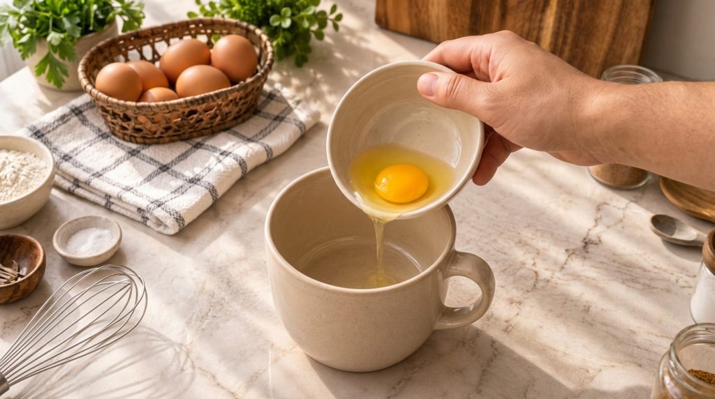 A hand holding a small bowl with a raw egg yolk and white poised over a larger empty mixing bowl on a light-colored coun