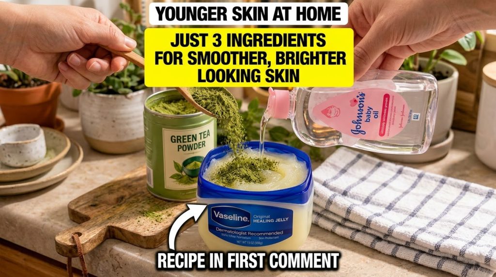 A close-up of a DIY beauty remedy being made A tub of Vaseline Original Healing Jelly is in the center with green tea po