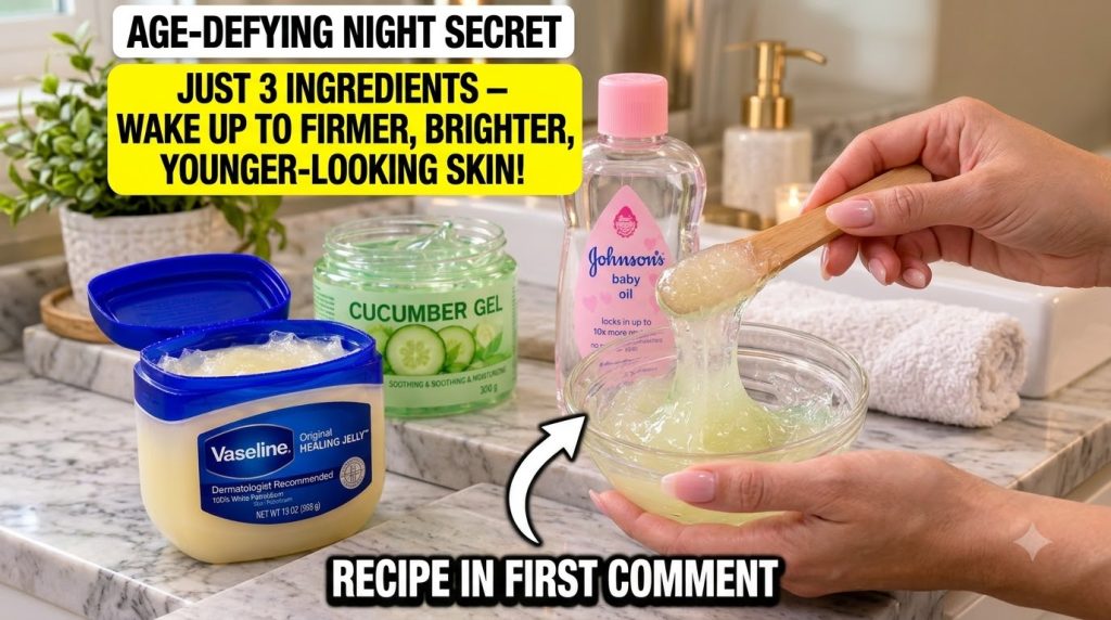 A hand mixing Vaseline cucumber gel and baby oil in a glass bowl on a bathroom counter