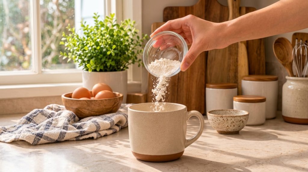 Close-up of a hand pouring all-purpose flour from a small glass bowl into a large beige ceramic mug on a light marble co