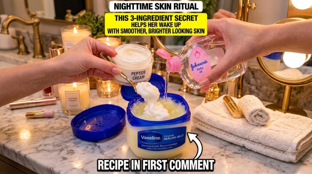 Hands mixing white peptide cream and baby oil into a jar of Vaseline on a vanity with glowing candles in the background