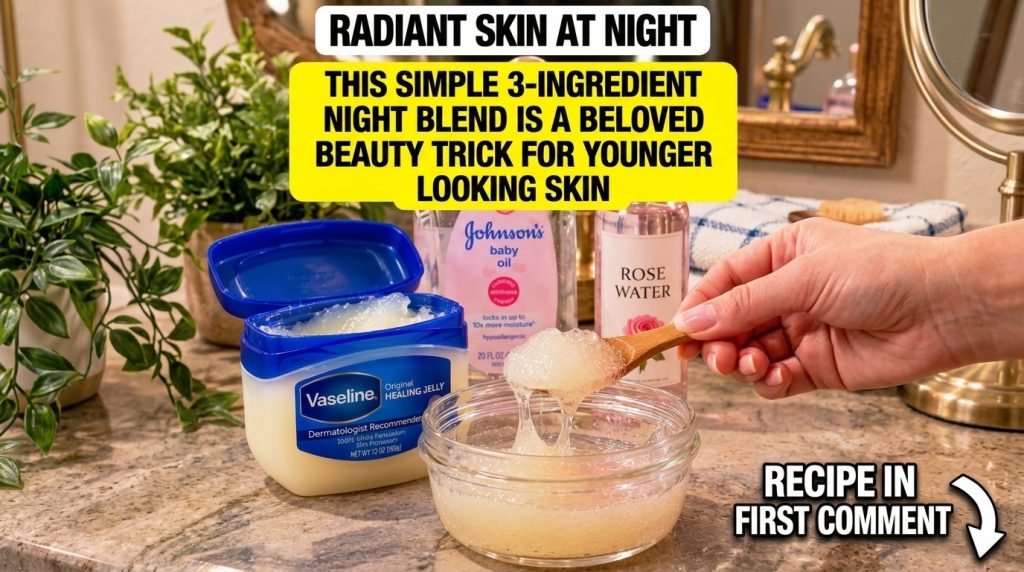 A hand using a wooden spoon to scoop a homemade beauty blend from a glass bowl Behind it an open jar of Vaseline a bottl