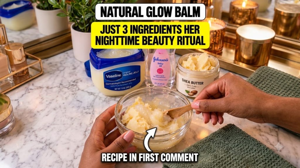 Hands mixing Vaseline and shea butter in a glass bowl with baby oil nearby on a soft warm lit background