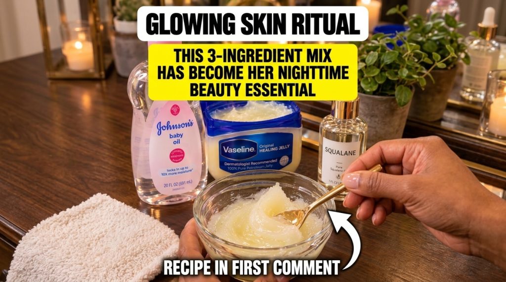 Hands holding a small glass bowl with a creamy mixed skincare product Around the bowl are bottles of Johnson s baby oil 