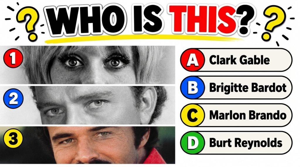 A close-up black and white portrait of a man focusing on his eyes and eyebrows from a celebrity quiz graphic