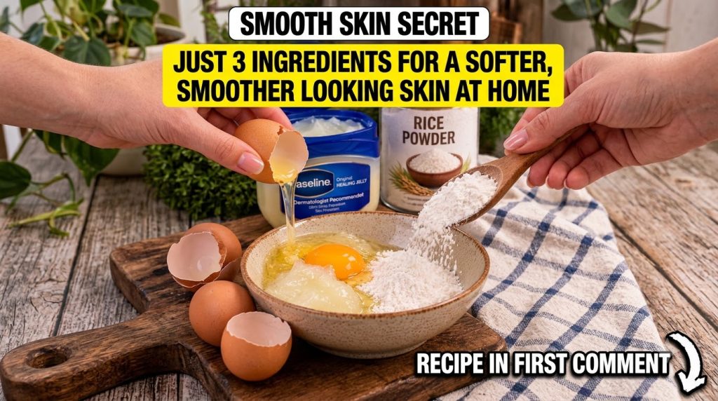 Hands mixing egg white rice powder egg yolk and Vaseline in a bowl to create a DIY face mask