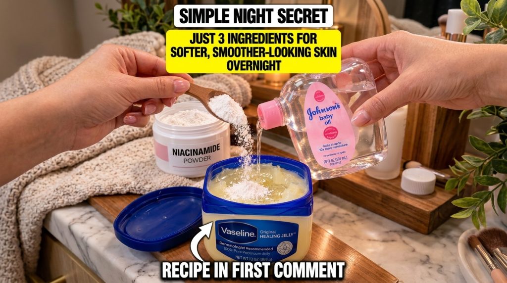 A person mixing Vaseline Johnson s Baby Oil and Niacinamide powder in a small container with a spoon