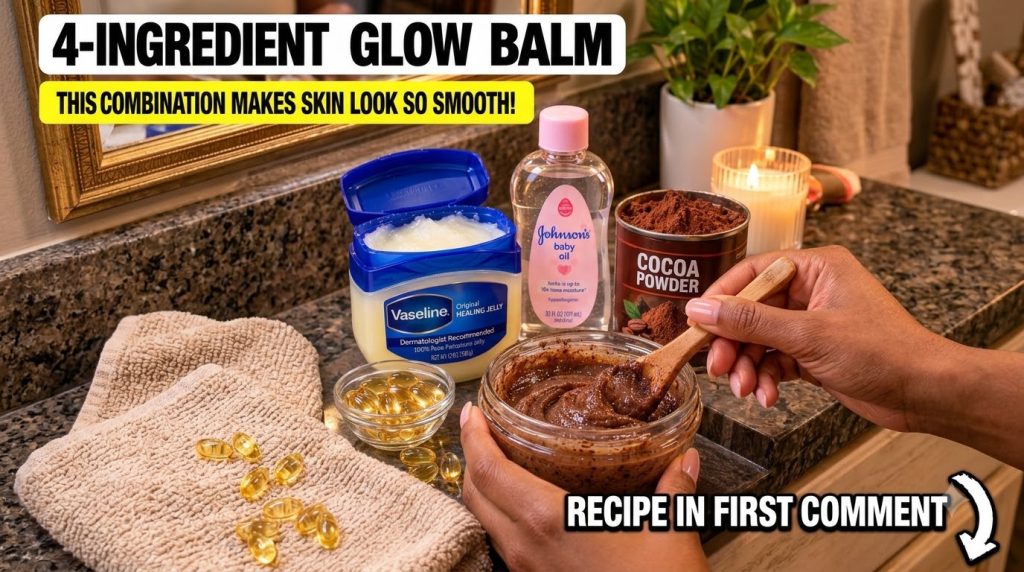 Hands mixing a homemade glow balm in a glass jar surrounded by Vaseline baby oil cocoa powder and vitamin E capsules