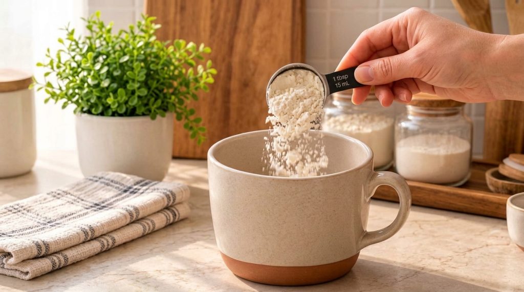 A close-up of a hand pouring white flour from a measuring spoon into a large ceramic bowl filled with creamed butter and