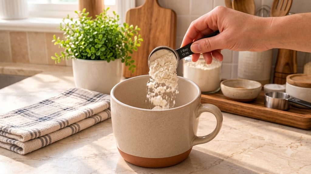 A close-up shot of a hand pouring white powder from a measuring spoon into a light brown ceramic bowl with the powder ac