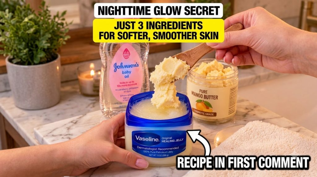 A hand scooping mango butter into a jar of Vaseline with a bottle of baby oil nearby Blurred candle flame in the backgro