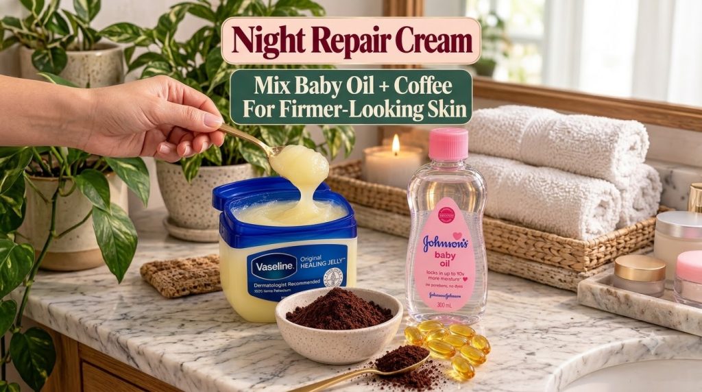 Ingredients for DIY night cream a tub of Vaseline a bottle of Johnson s baby oil a bowl of ground coffee and golden soft