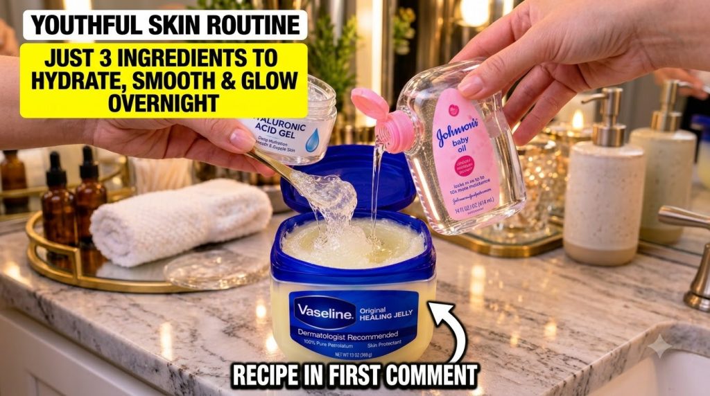 A hand holding a golden spoon drips hyaluronic acid gel into a tub of Vaseline while another hand pours Johnson s baby o