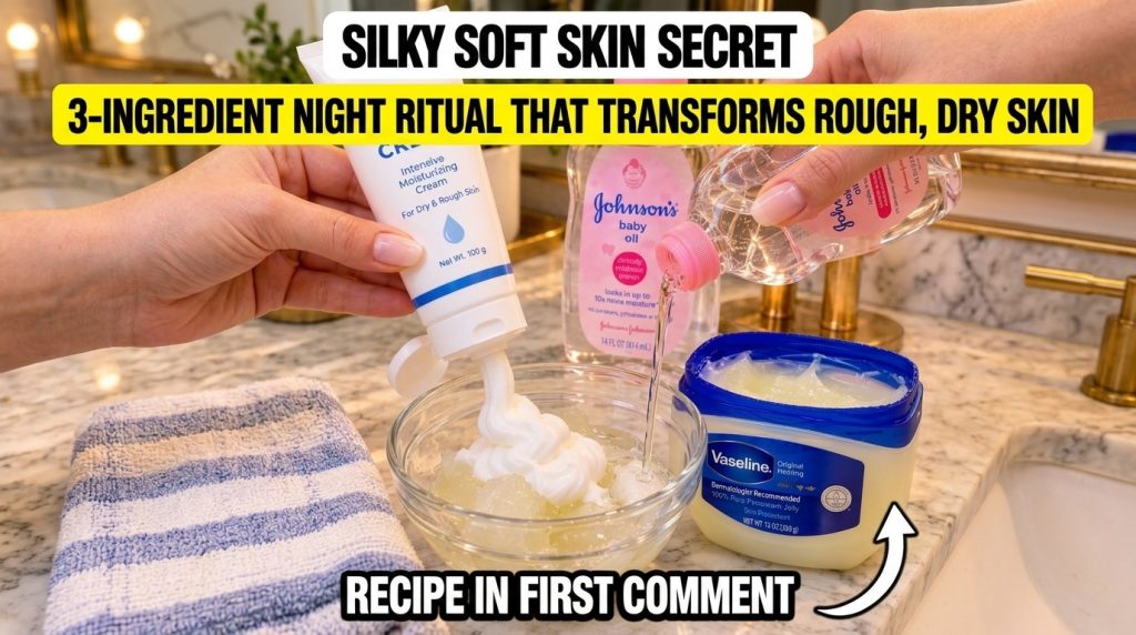 Hands mixing Vaseline Johnson s Baby Oil and Urea Cream in a clear glass bowl on a marble surface