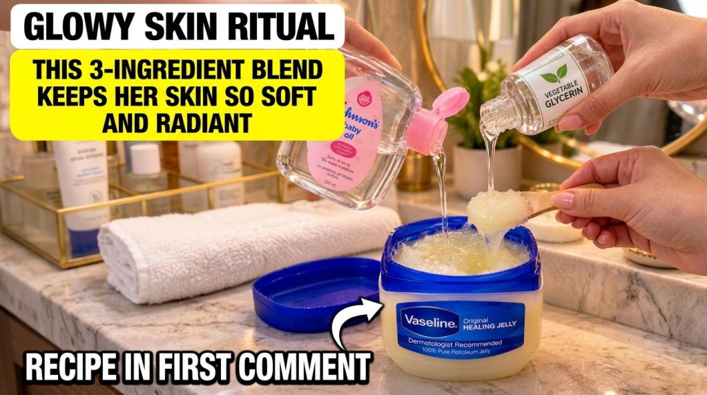 Hands mixing Vaseline baby oil and vegetable glycerin in a tub for a glowy skin ritual