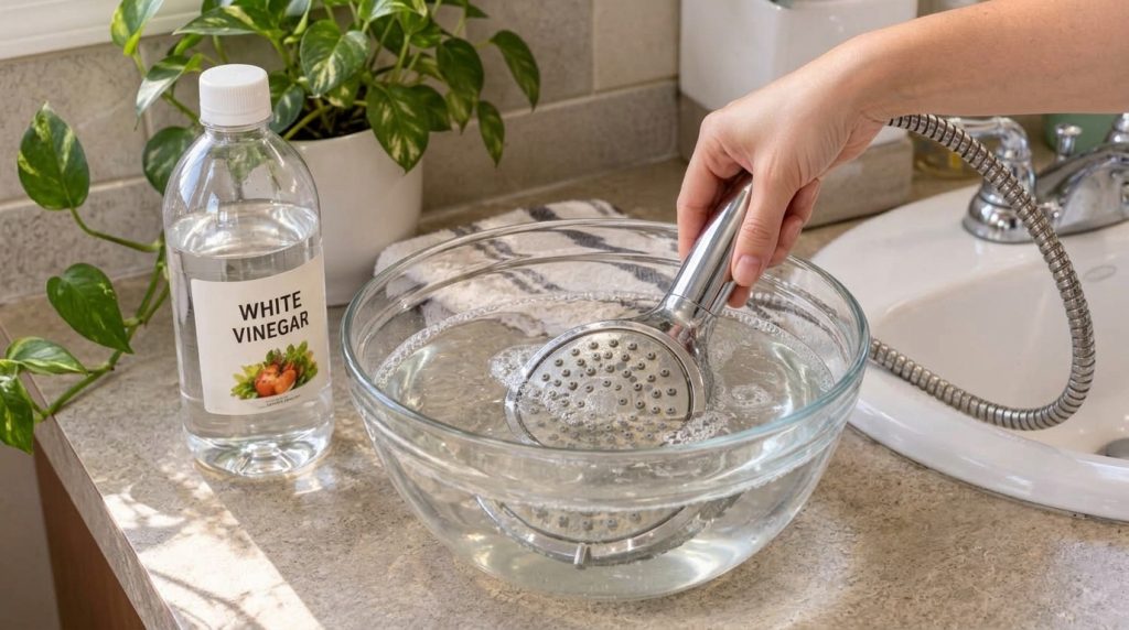 A hand holding a shower head submerged in a clear glass bowl filled with water and white vinegar on a counter