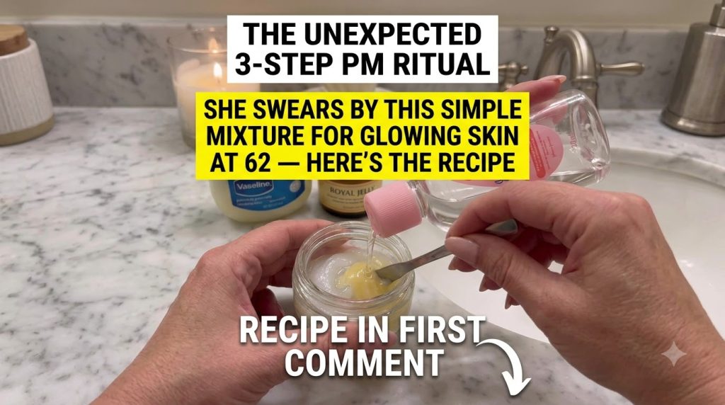 Hands mixing Vaseline Johnson s Baby Oil and Royal Jelly in a small glass jar
