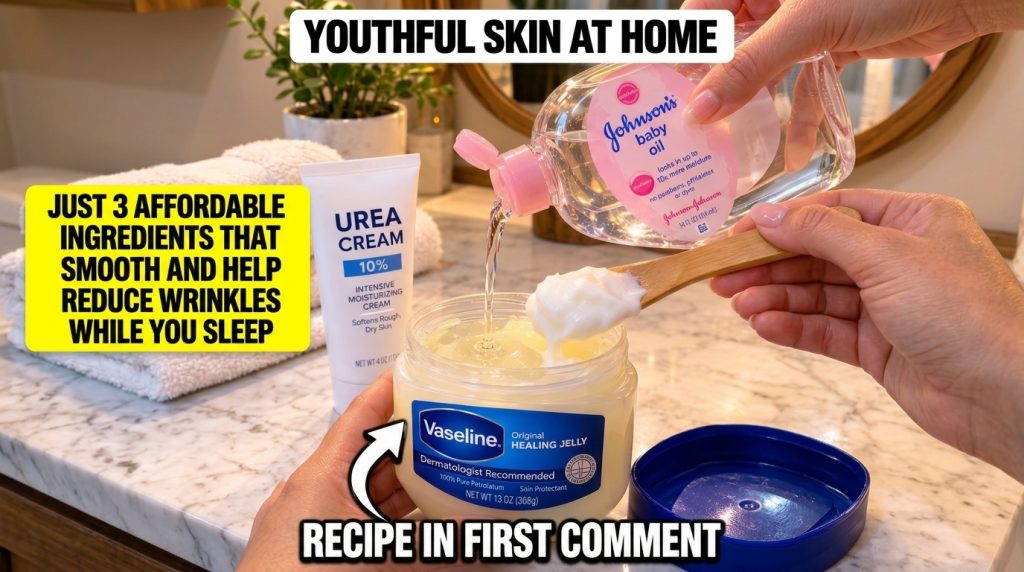 Hands mixing Vaseline Johnson s Baby Oil and Vegetable Glycerin in a small container with a wooden spoon