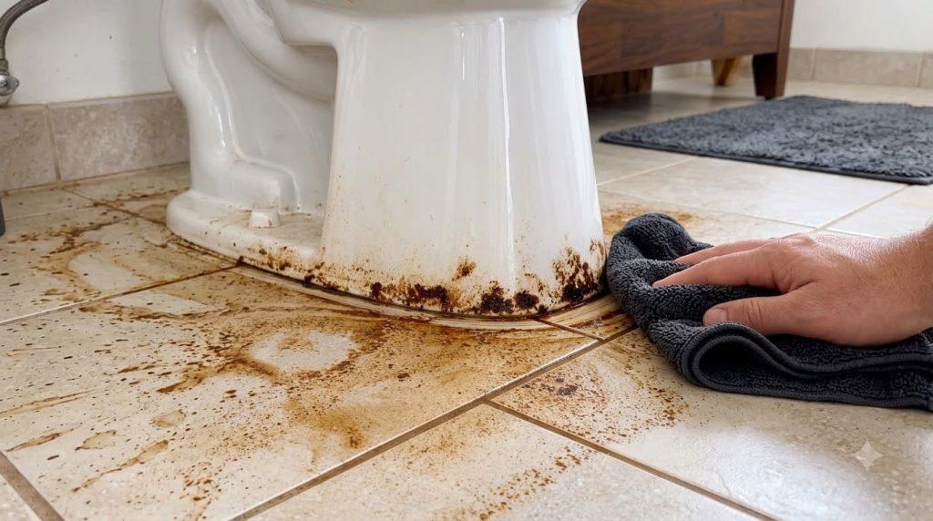 A close-up low-angle view of a human hand cleaning brown splatters and stains around a white toilet base and on light-co