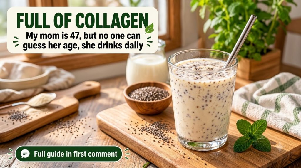 A prominent glass of creamy chia seed drink with a metal straw on a wooden board surrounded by a small bowl of dry chia 