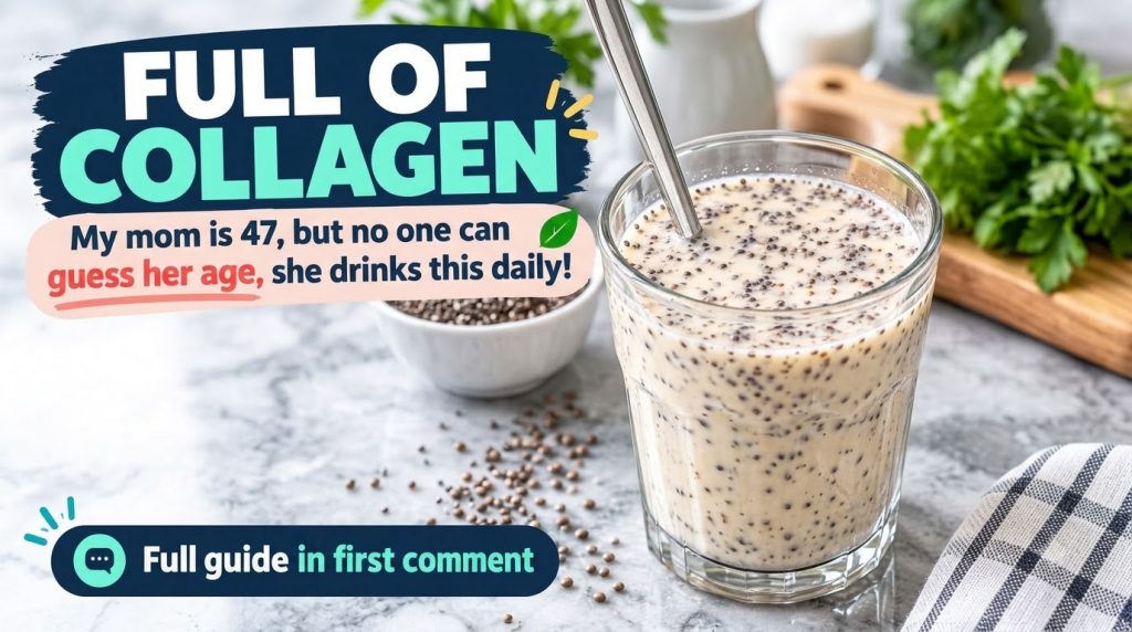 A glass of creamy seed-filled drink with a spoon in it surrounded by a natural setting with seeds and green foliage