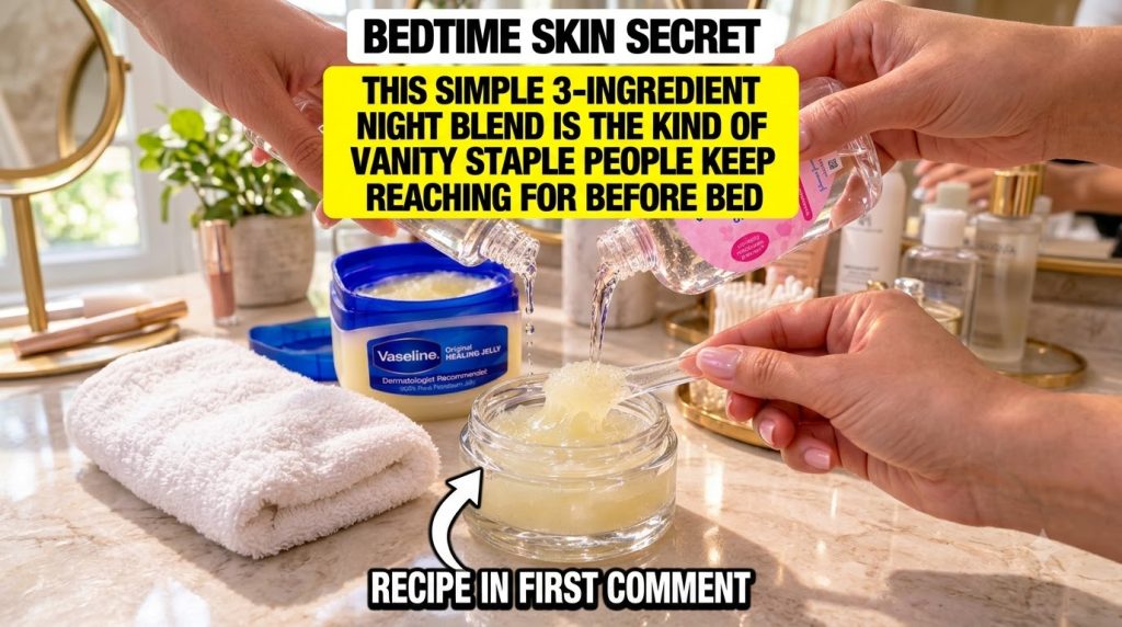 Hands mixing Vaseline Johnson s Baby Oil and Vegetable Glycerin in a small glass jar on a marble countertop with a blurr