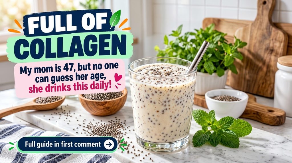 A glass of creamy chia seed drink on a white marble surface surrounded by a wooden bowl of chia seeds a glass bottle of 