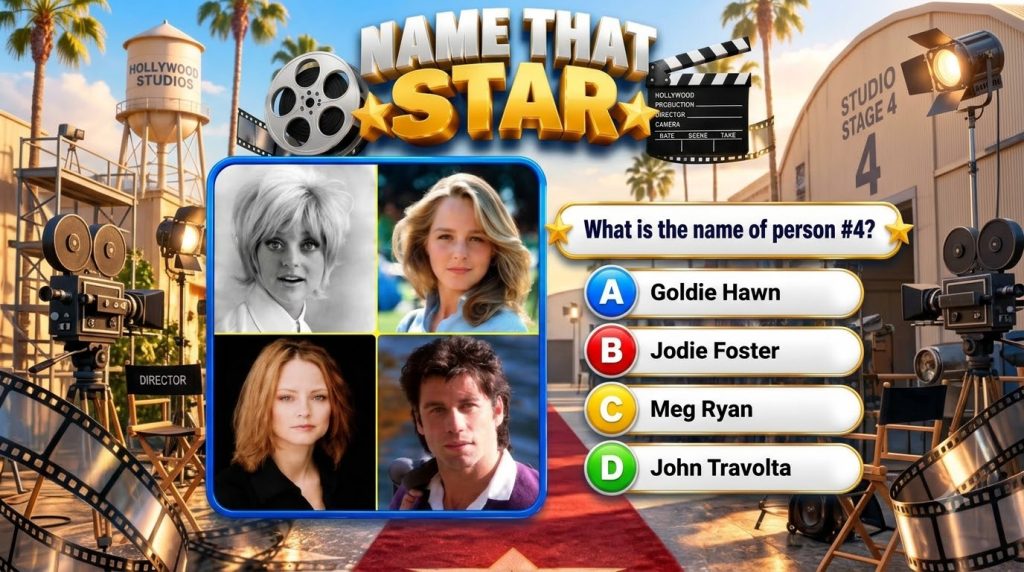 A quiz game interface titled NAME THAT STAR with four celebrity portraits and a multiple-choice question on a Hollywood 
