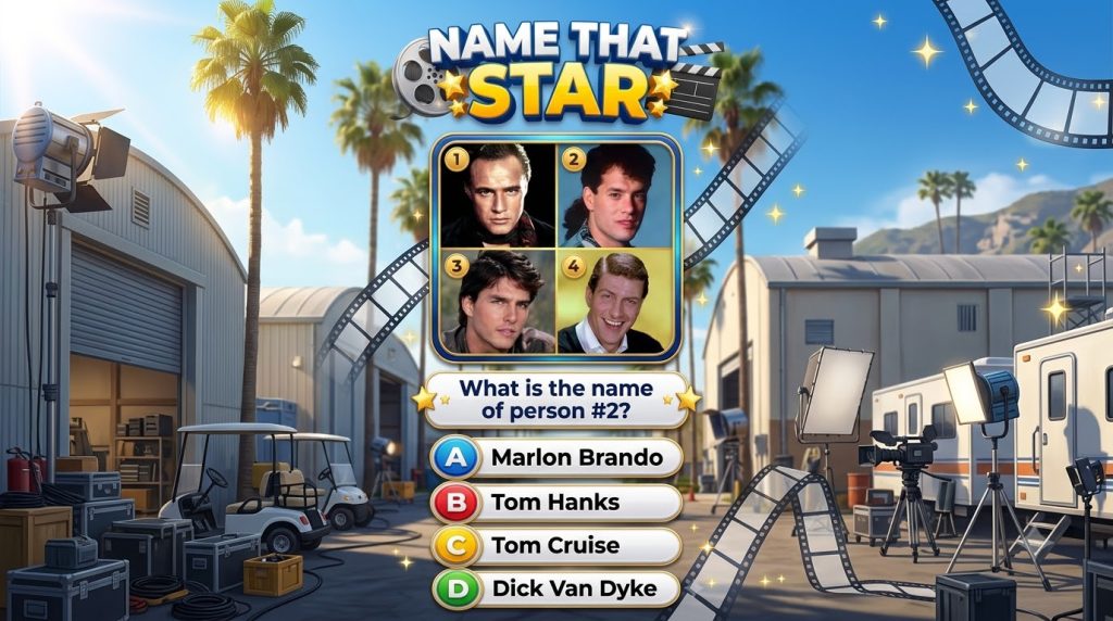 screenshot from a mobile quiz game asking to identify a celebrity from four headshots