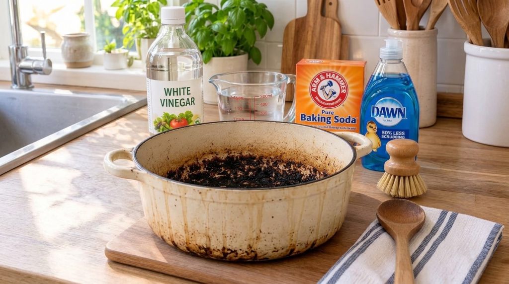 A severely burnt white enamel pot on a wooden kitchen counter surrounded by common cleaning supplies like white vinegar 