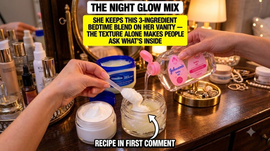 Close-up of hands mixing Vaseline Johnson s baby oil and a white cream into a small glass jar on a wooden vanity Baby oi