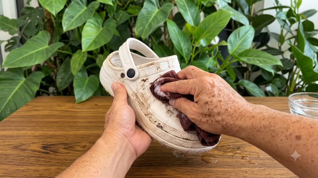 A pair of hands actively cleaning a dirty white Crocs-style shoe with a maroon cloth creating soapy lather on its surfac