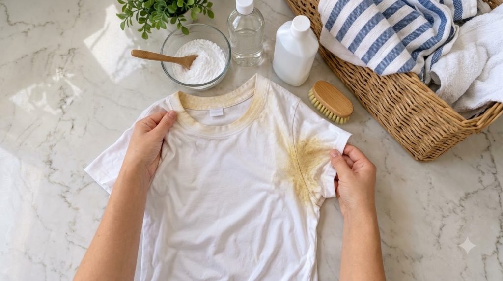 A white t-shirt with yellow sweat stains around the collar and armpit area Various cleaning items like baking soda vineg