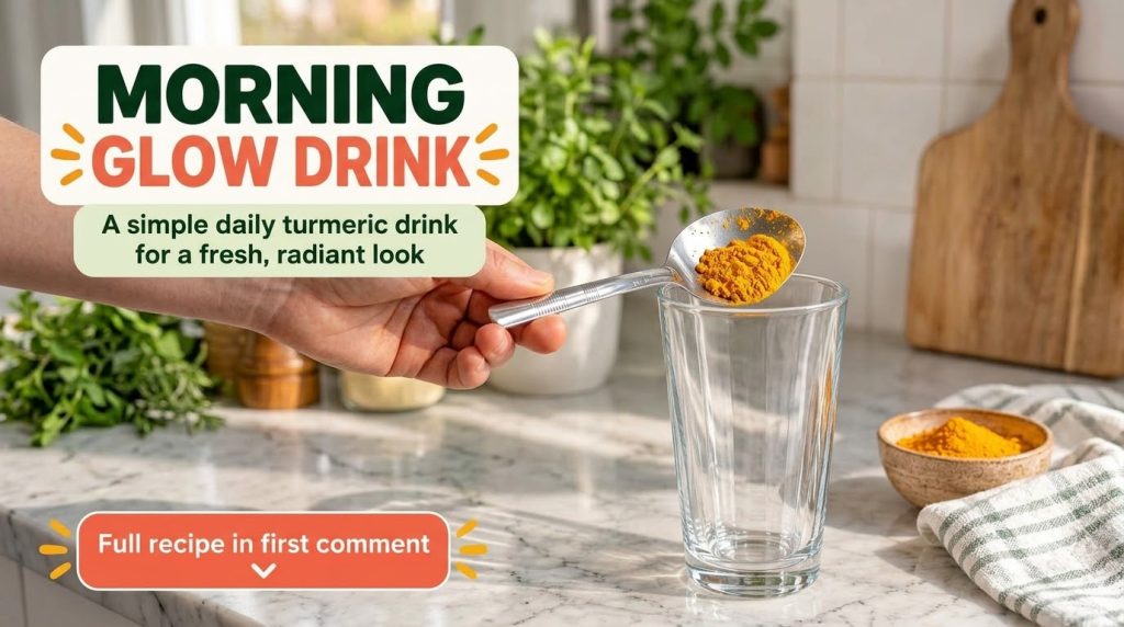 A hand holding a spoon of turmeric powder over an empty glass with a bowl of turmeric and plants in the background promo