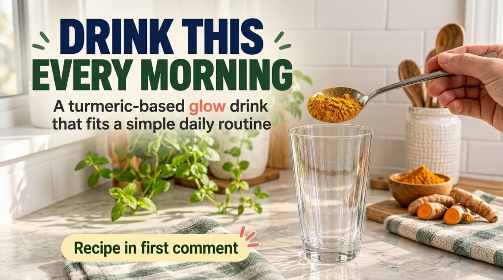 A hand holding a spoon filled with bright yellow turmeric powder over an empty glass with various kitchen items and turm