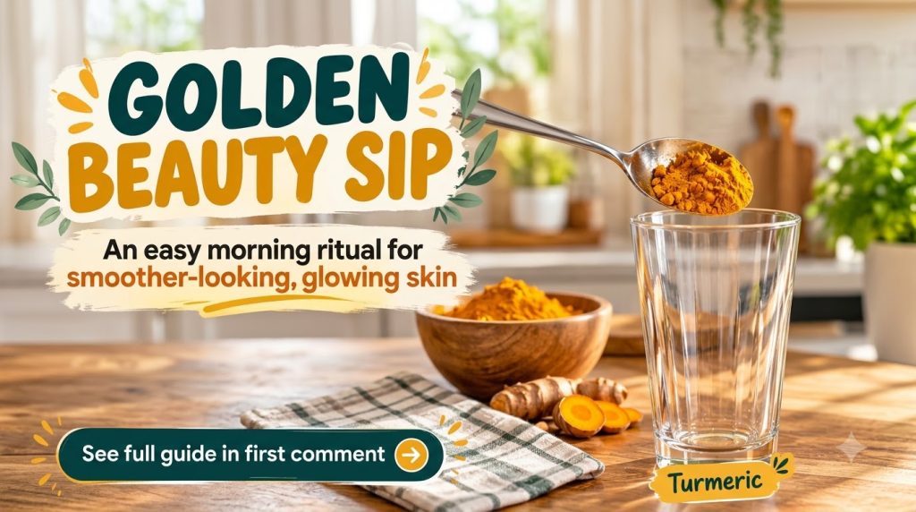 A close-up of a silver spoon overflowing with vibrant yellow turmeric powder suspended over an empty fluted glass Fresh 