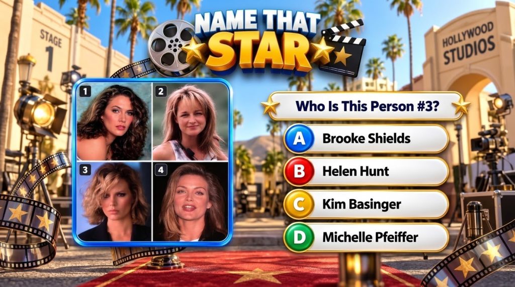 A NAME THAT STAR quiz game screen with four celebrity portraits and multiple-choice answers set against a vibrant Hollyw