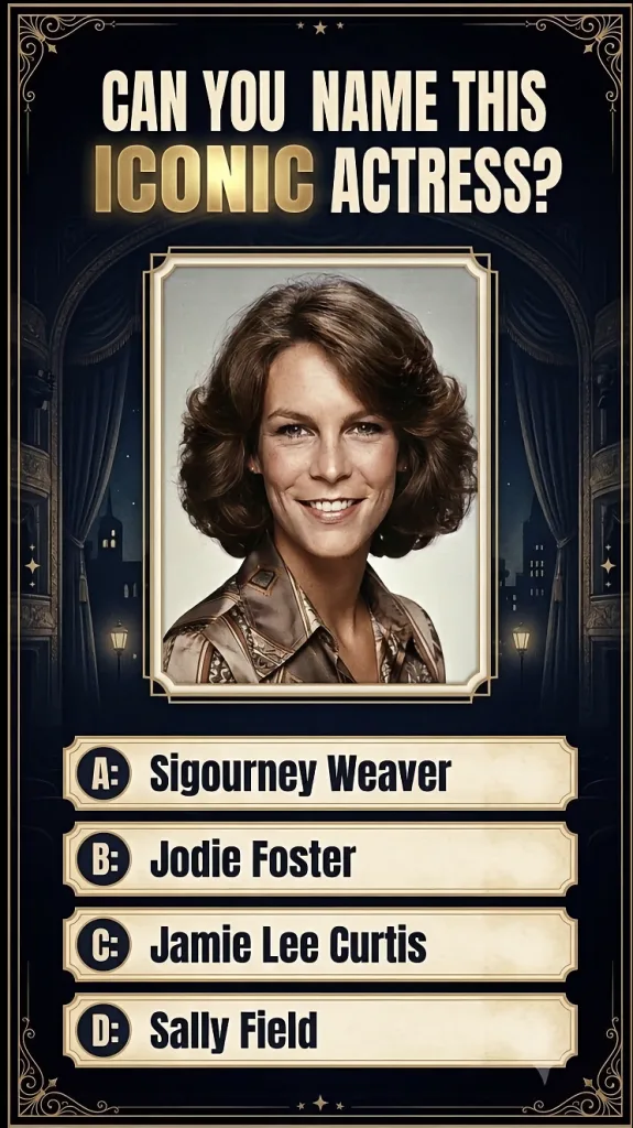 Quiz graphic showing a headshot of a young Jamie Lee Curtis with short brown hair a patterned shirt and a vintage-style 