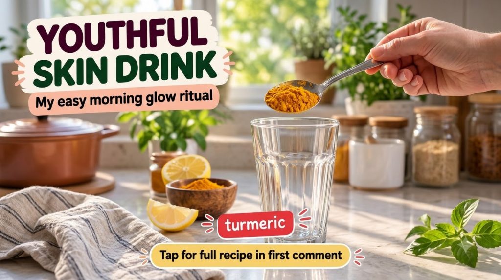A hand holding a spoon filled with turmeric powder over a clear glass with lemon slices and more turmeric in a wooden bo