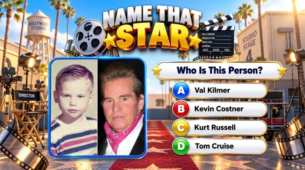A mobile quiz game interface titled NAME THAT STAR with a split image of Val Kilmer as a young boy and an adult framed b