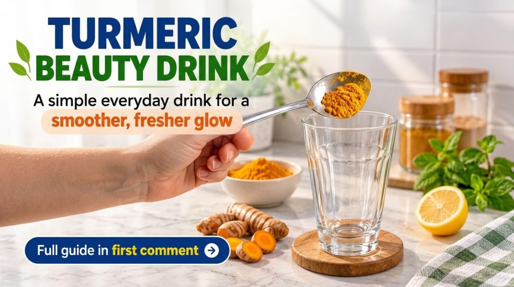 A hand holding a spoon of turmeric powder over a glass surrounded by fresh turmeric roots a sliced lemon mint leaves and