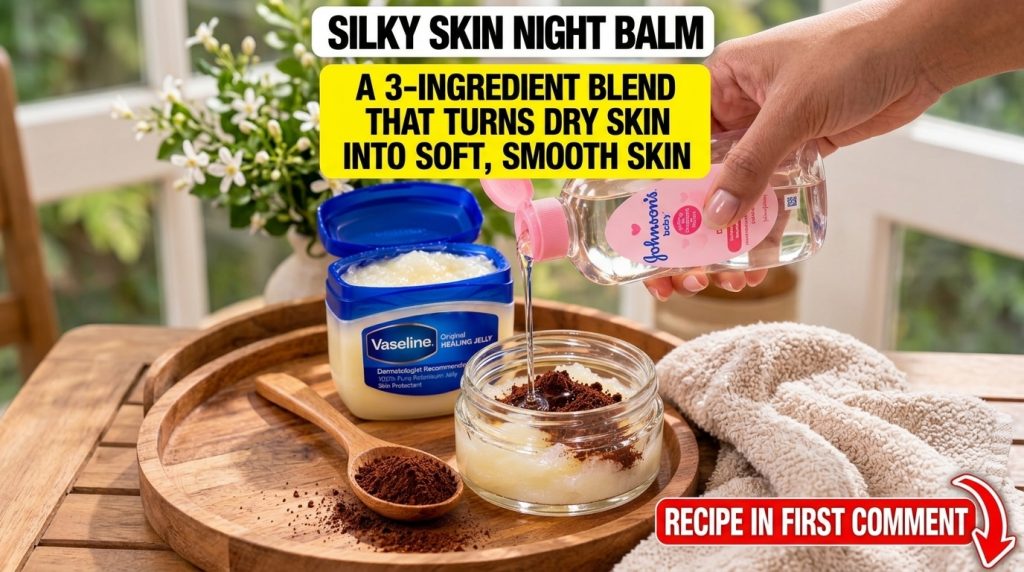 A person s hands are mixing the ingredients for the DIY night balm in a bowl showing Vaseline baby oil being poured and