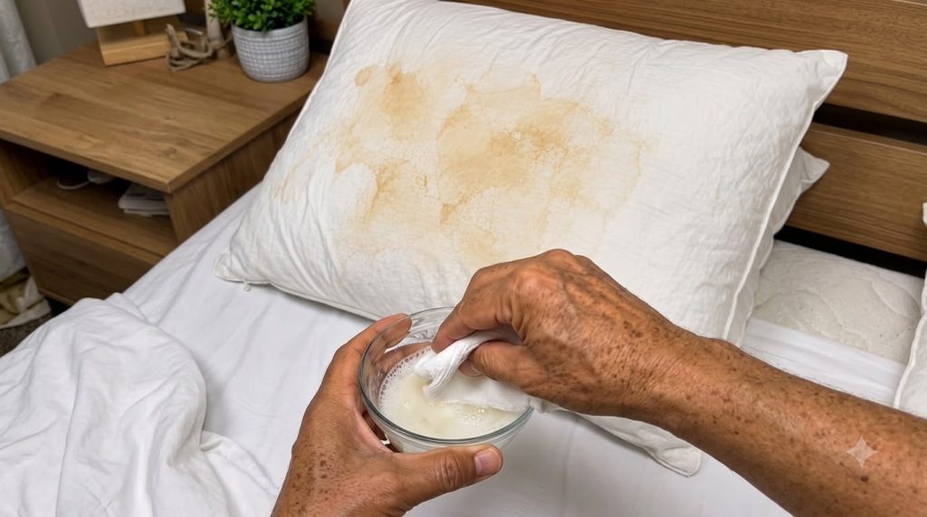 Hands preparing a white foamy cleaning solution in a glass bowl with a white cloth dipped into it against a background o