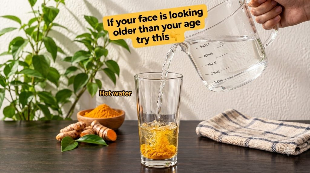 A clear glass with yellow turmeric powder receiving a stream of hot water from a measuring jug with a bowl of turmeric p