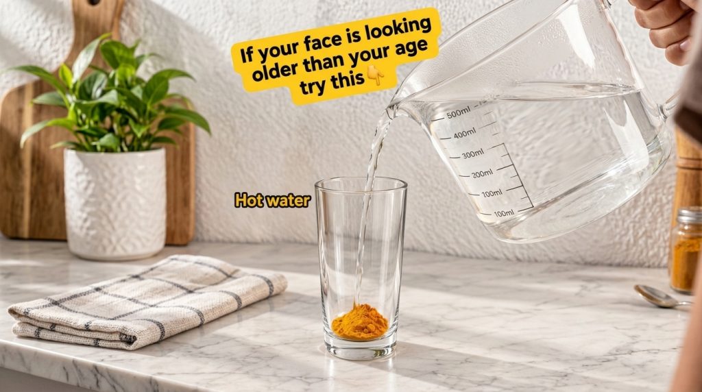 A clear glass with turmeric powder at the bottom as hot water is being poured into it from a measuring jug The scene is 